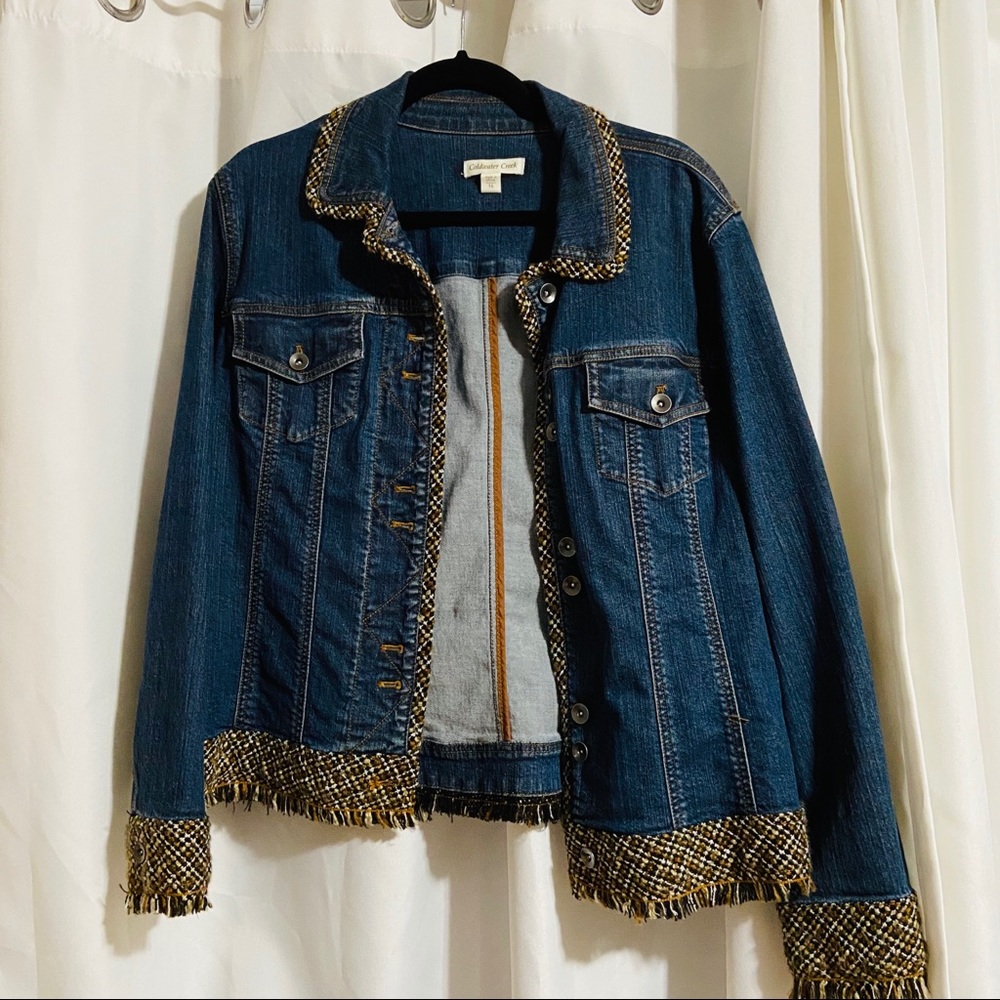 DENIM JEAN JACKET WITH TAN BLACK TRIMS